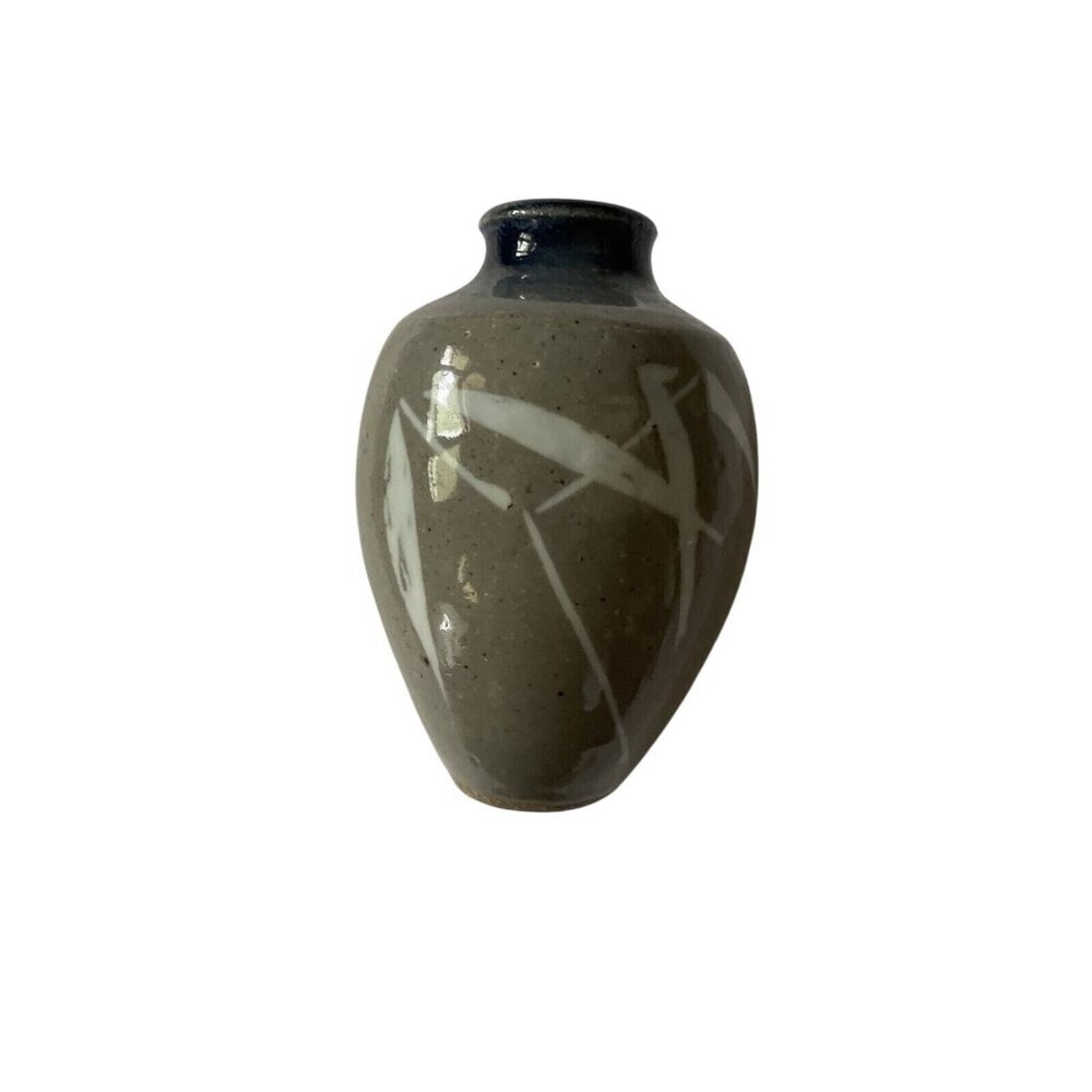 Small Handcrafted Gray & Blue Ceramic Vase With Abstract White Design